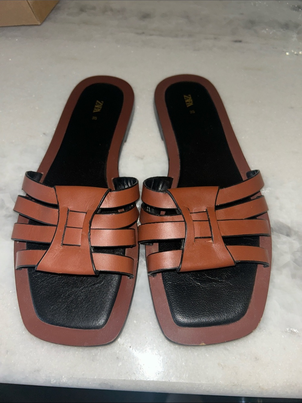 Zara Tan/Brown Woven Leather Slide Sandals